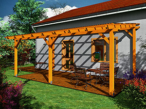 Zahradní pergola Standard ke zdi 300×570 cm, sklon střechy 10°.
